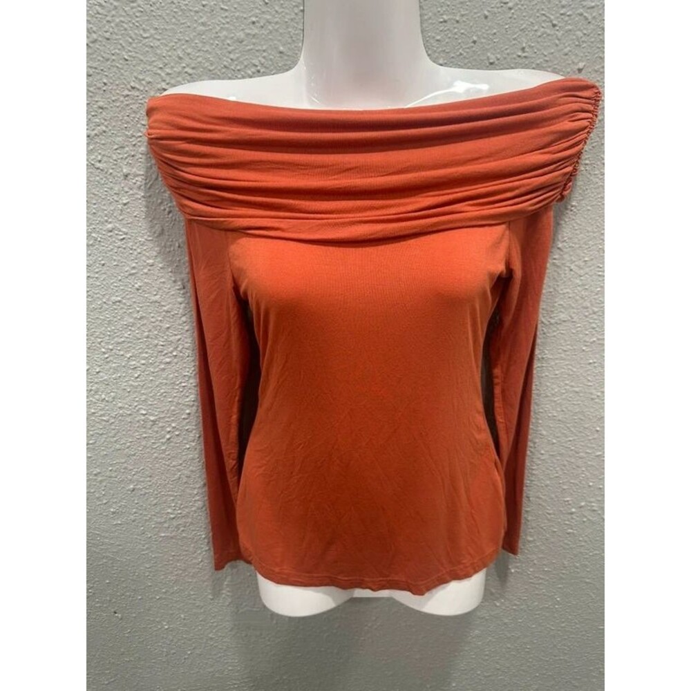 Ruched Off Shoulder Long Sleeve Slim Fit Top Size XS Orange Blouse Stretchy